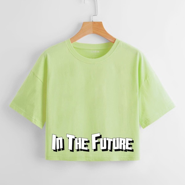 

Letter Graphic Print Short Sleeve Crop Tee, Green