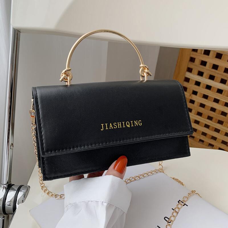

Metal Handle Flap Satchel Bag, Black