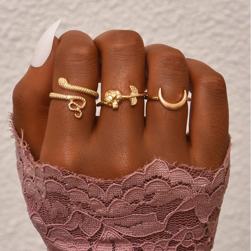 

3pcs Moon & Flower Ring, Gold