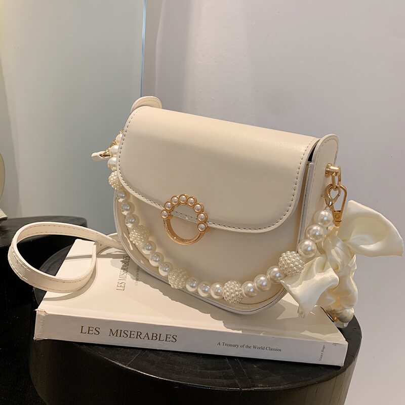 

Faux Pearl Decor Saddle Bag, Beige