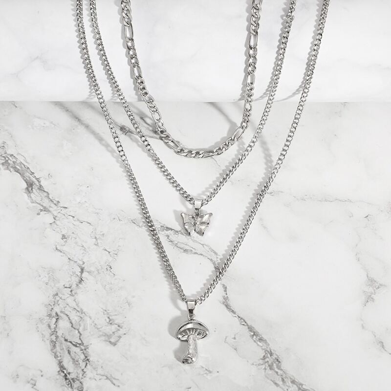 

Mushroom & Butterfly Layered Necklace, Silver