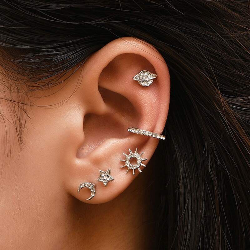 

5pcs Rhinestone Star & Moon Earrings, Silver