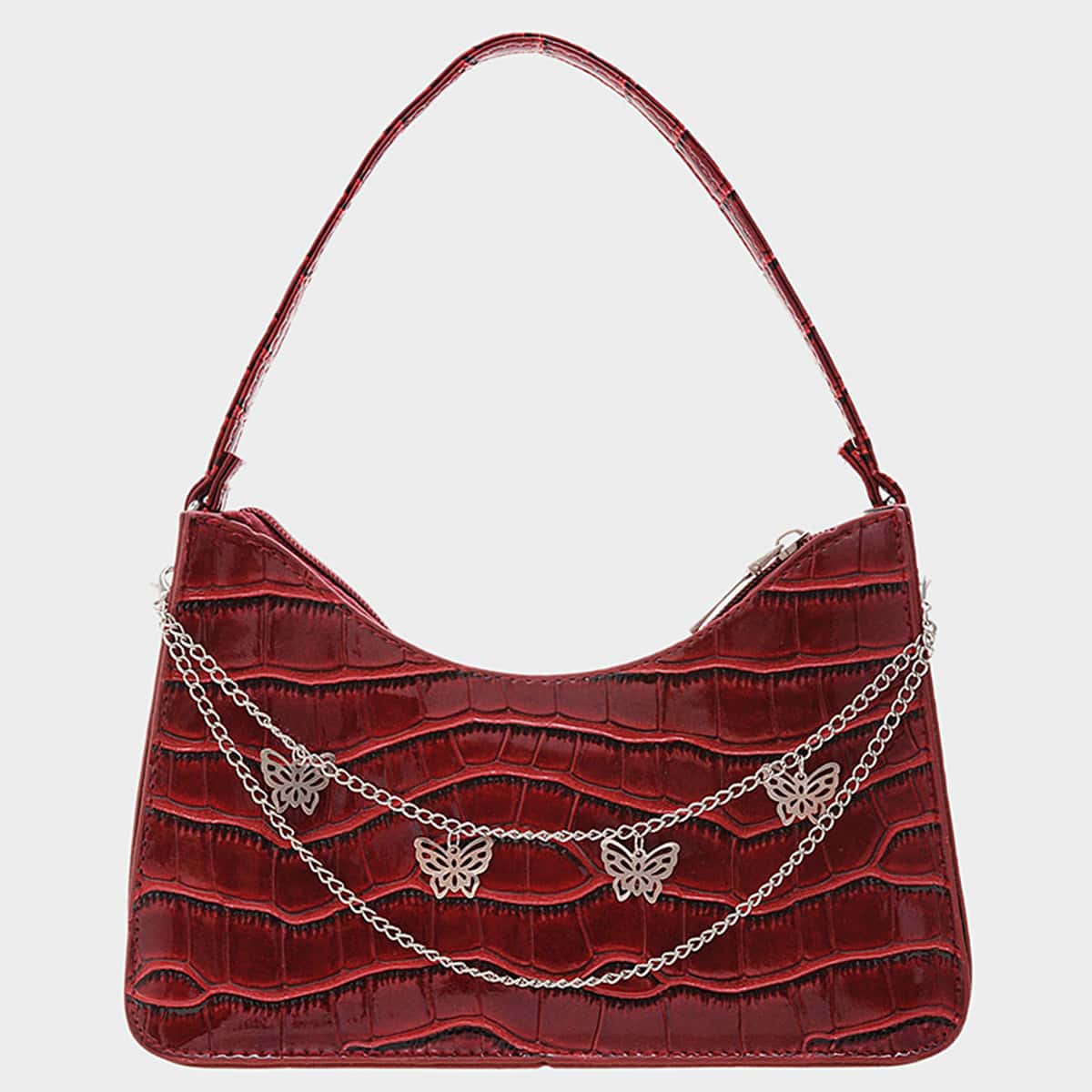 

Butterfly Charm Croc Embossed Shoulder Bag, Red