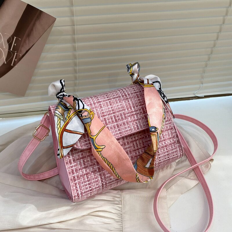 

Twilly Scarf Decor Woven Shoulder Bag, Pink