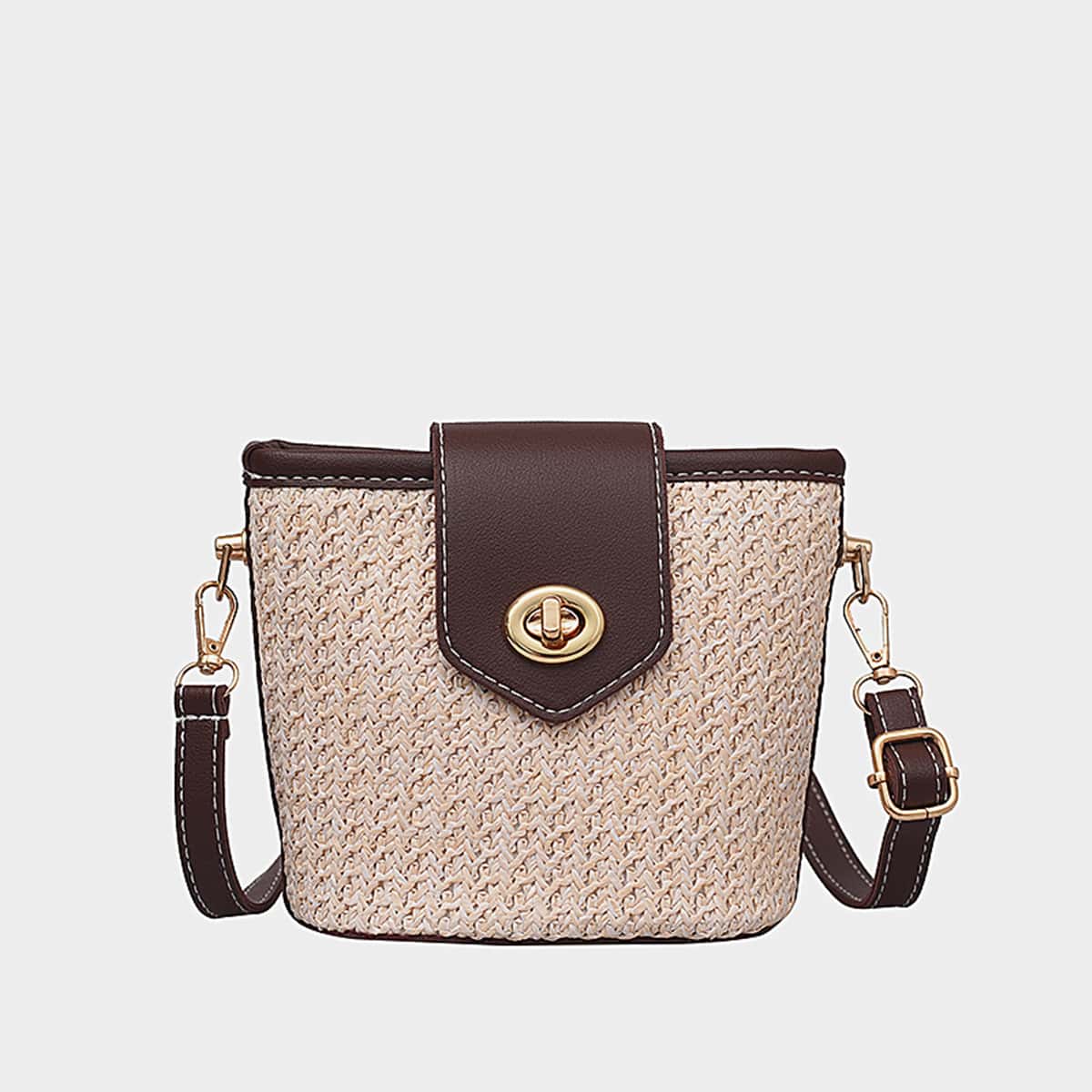 

Turn-lock Straw Bucket Bag, Beige