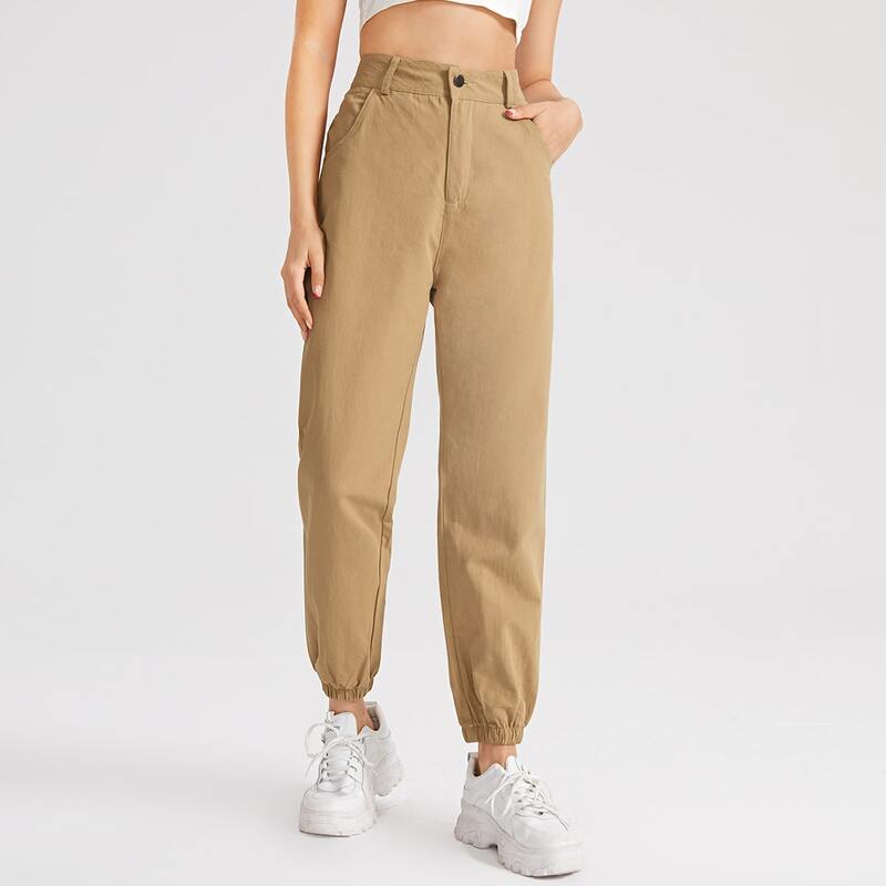 

Solid Button Fly Joggers, Khaki