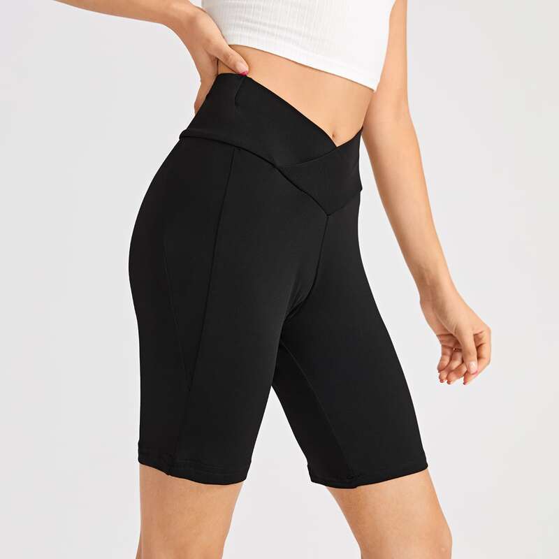 

Solid V Waist Biker Shorts, Black