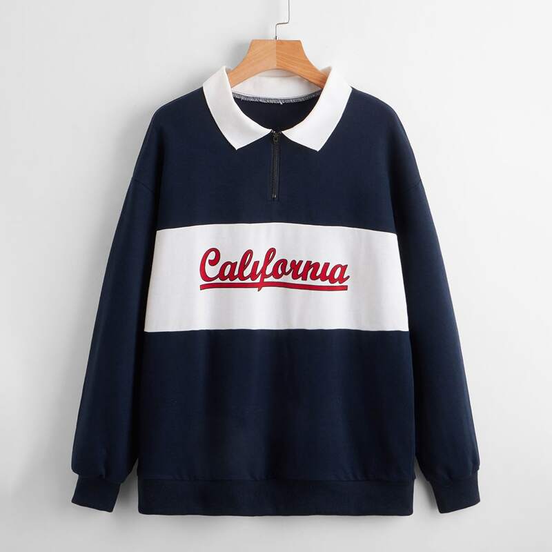 

Letter Graphic Zip Detail Colorblock Sweatshirt, Navy blue