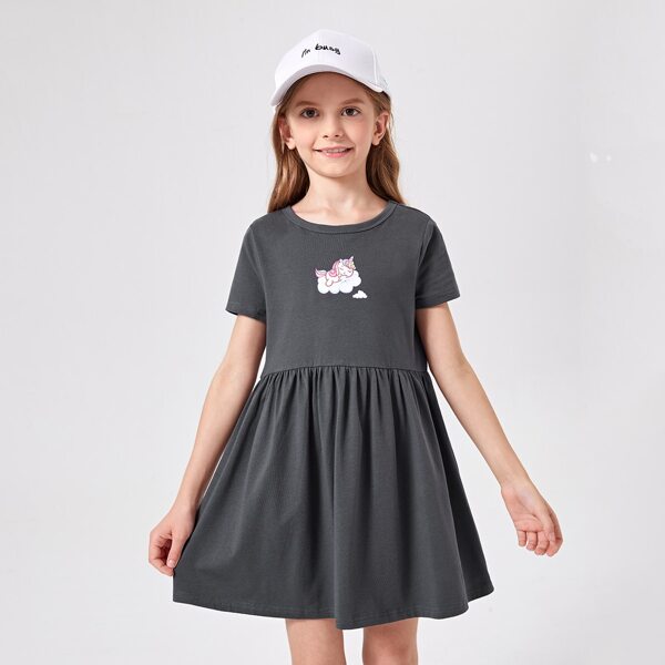 

Girls Unicorn Print Smock Dress, Dark grey