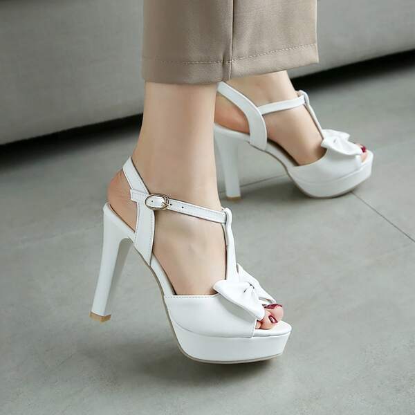 

Peep Toe Bow Decor High Heeled Ankle Strap Pumps, White