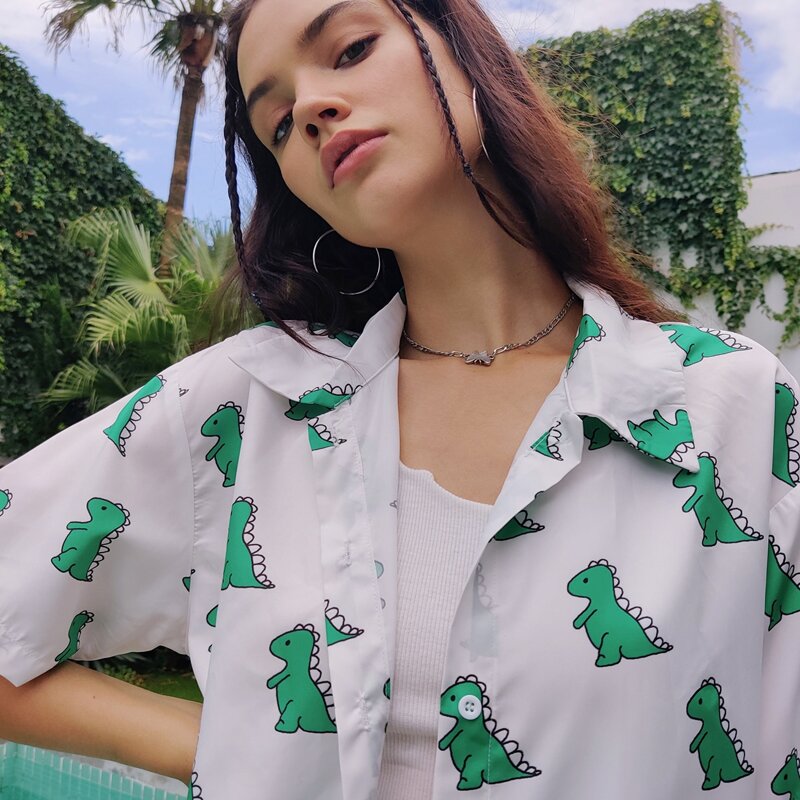 

Cartoon Dinosaur Print Button Front Blouse, Multicolor