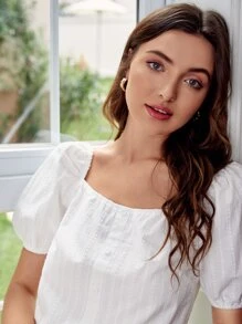 SHEIN Frenchy 素色泡泡袖方領襯衫 - 白色 - 查看 5