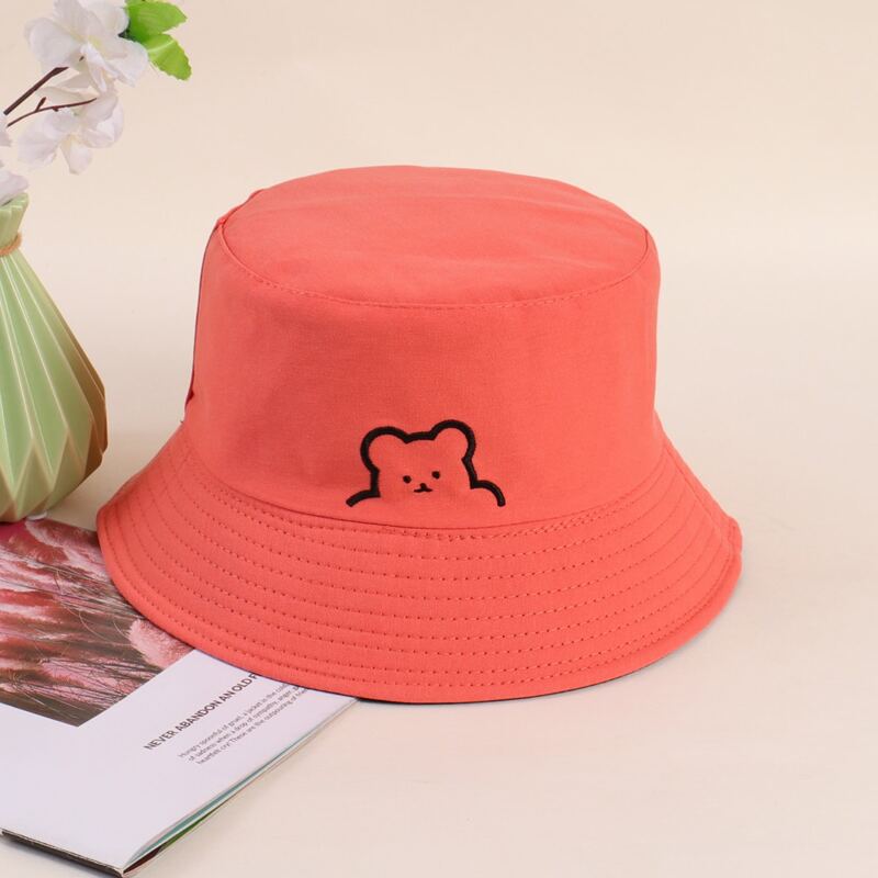 

Cartoon Bear Embroidered Bucket Hat, Redwood