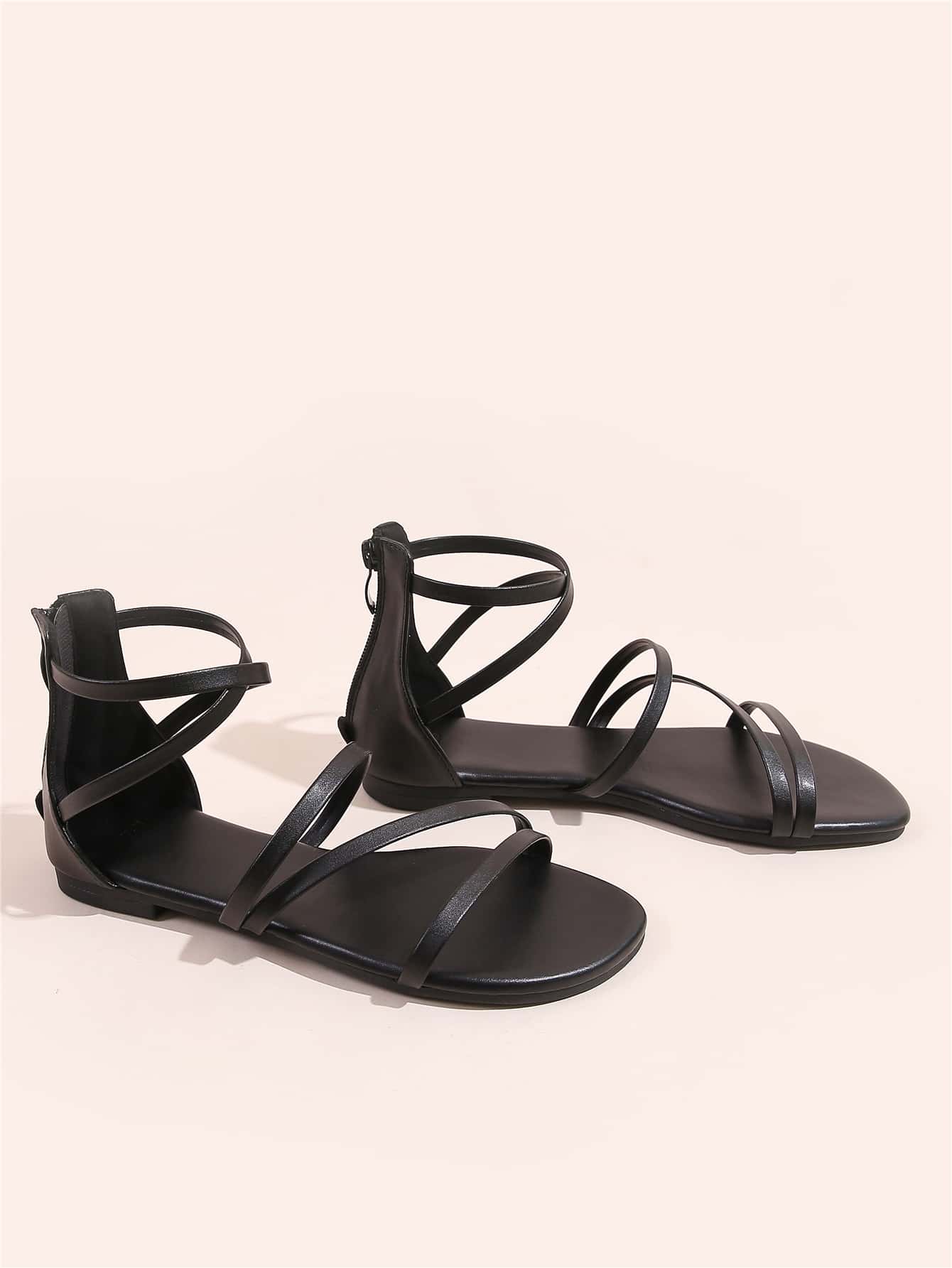 Zipper Back Strappy Sandals - Black - View 2