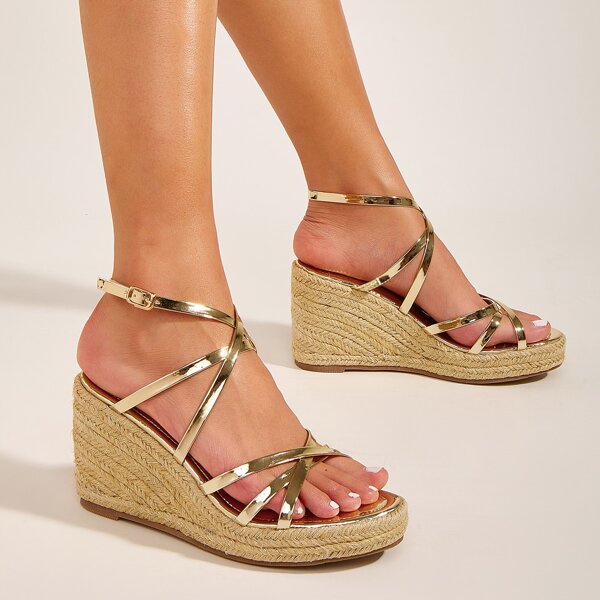 

Minimalist Buckle Decor Wedge Sandals, Gold