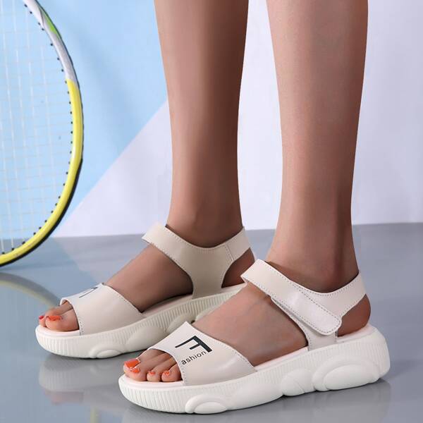 

Letter Graphic Leather Sports Sandals, Beige
