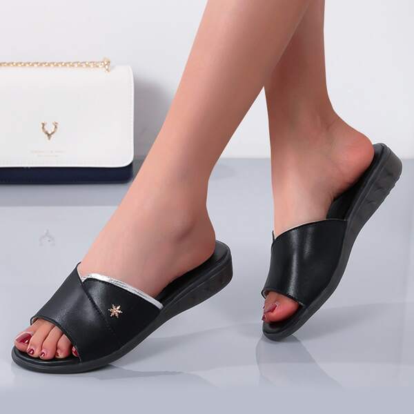 

Metal Decor Leather Slide Sandals, Black