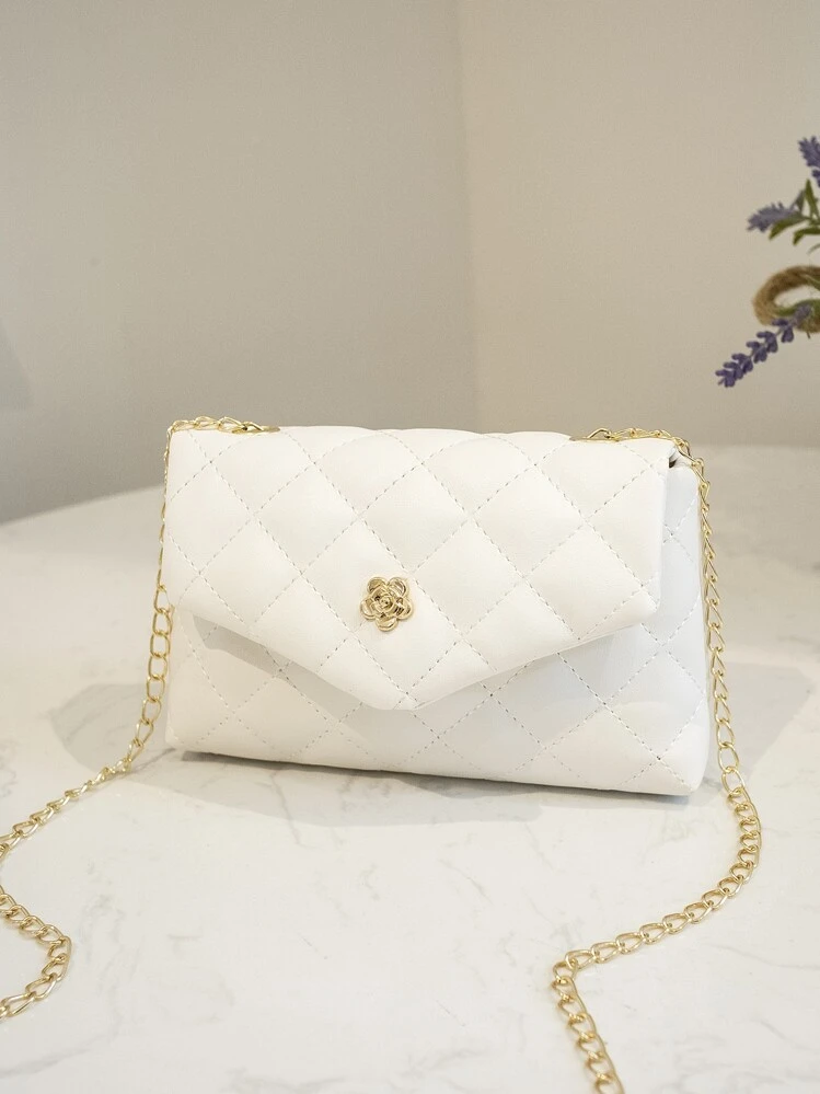 Bolso bandolera cruzado con solapa y cadena de moda, bolso de hombro acolchado de mujer tipo mensajero para teléfono, adecuado para regalos, vacaciones, compras - Blanco - Añade 2
