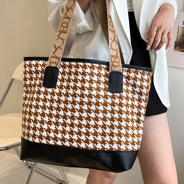 

Houndstooth Pattern Tote Bag, Brown