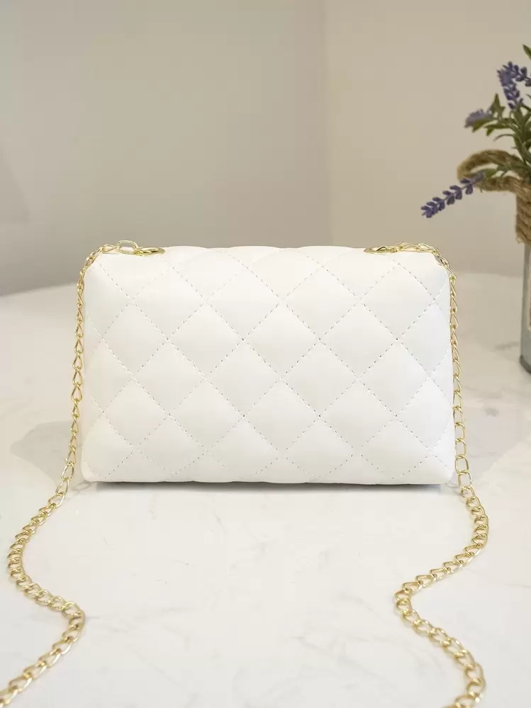 Bolso bandolera cruzado con solapa y cadena de moda, bolso de hombro acolchado de mujer tipo mensajero para teléfono, adecuado para regalos, vacaciones, compras - Blanco - Añade 3