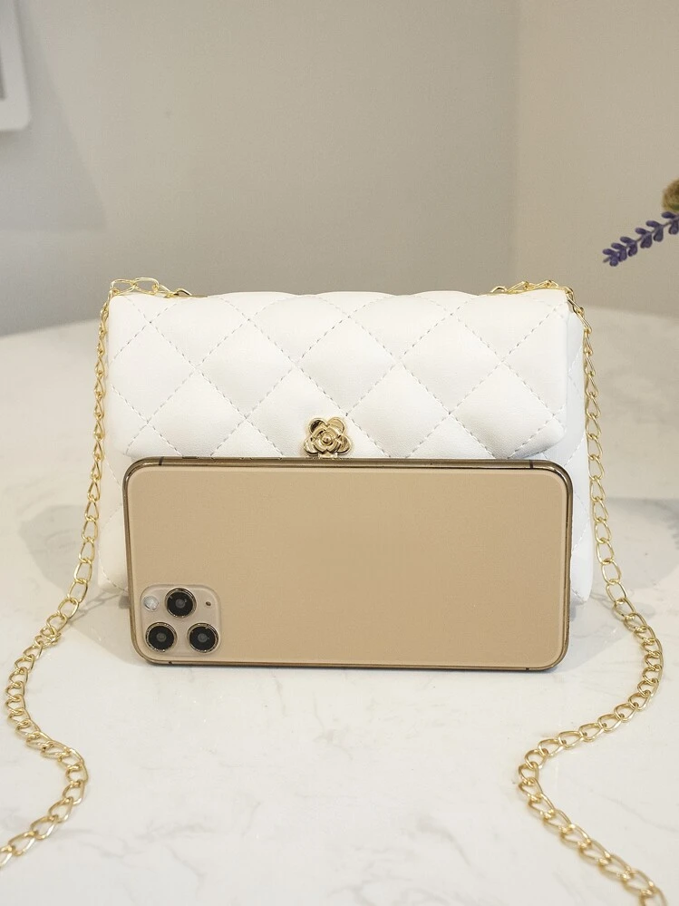 Bolso bandolera cruzado con solapa y cadena de moda, bolso de hombro acolchado de mujer tipo mensajero para teléfono, adecuado para regalos, vacaciones, compras - Blanco - Añade 5