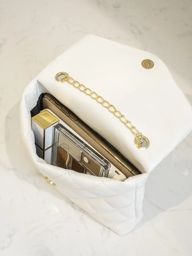 Bolso bandolera cruzado con solapa y cadena de moda, bolso de hombro acolchado de mujer tipo mensajero para teléfono, adecuado para regalos, vacaciones, compras - Blanco - Añade 4