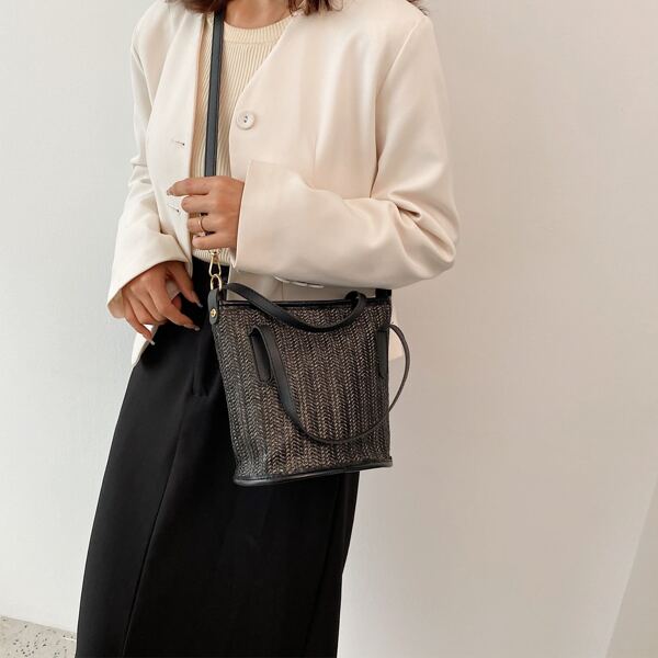 

Straw Satchel Bag, Black