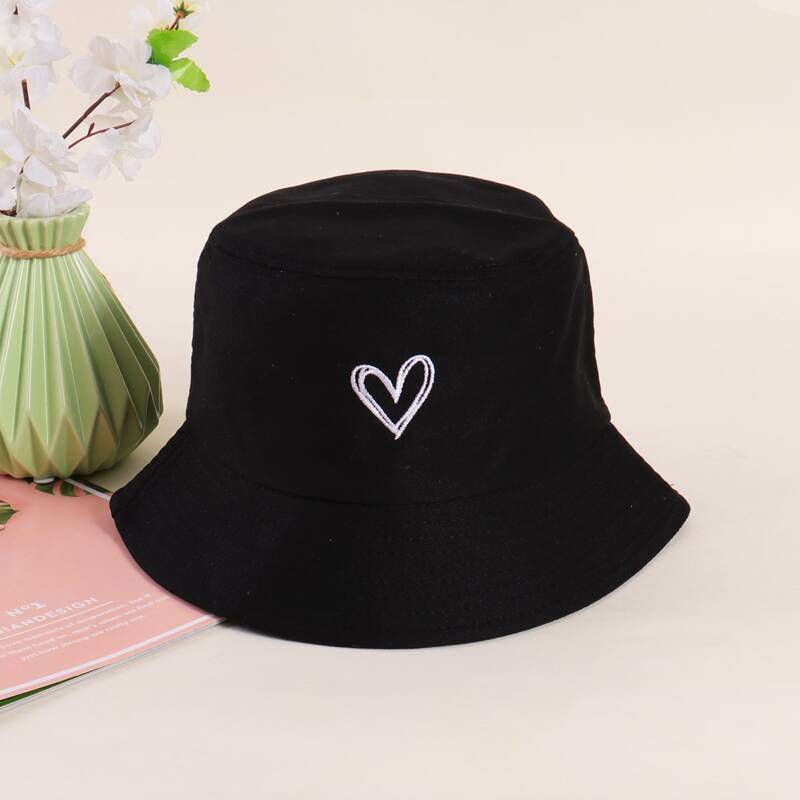 

Heart Embroidered Bucket Hat, Black