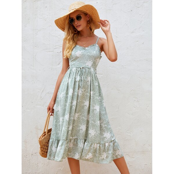 

Floral Print Frill Trim Belted Ruffle Hem Cami Dress, Mint green