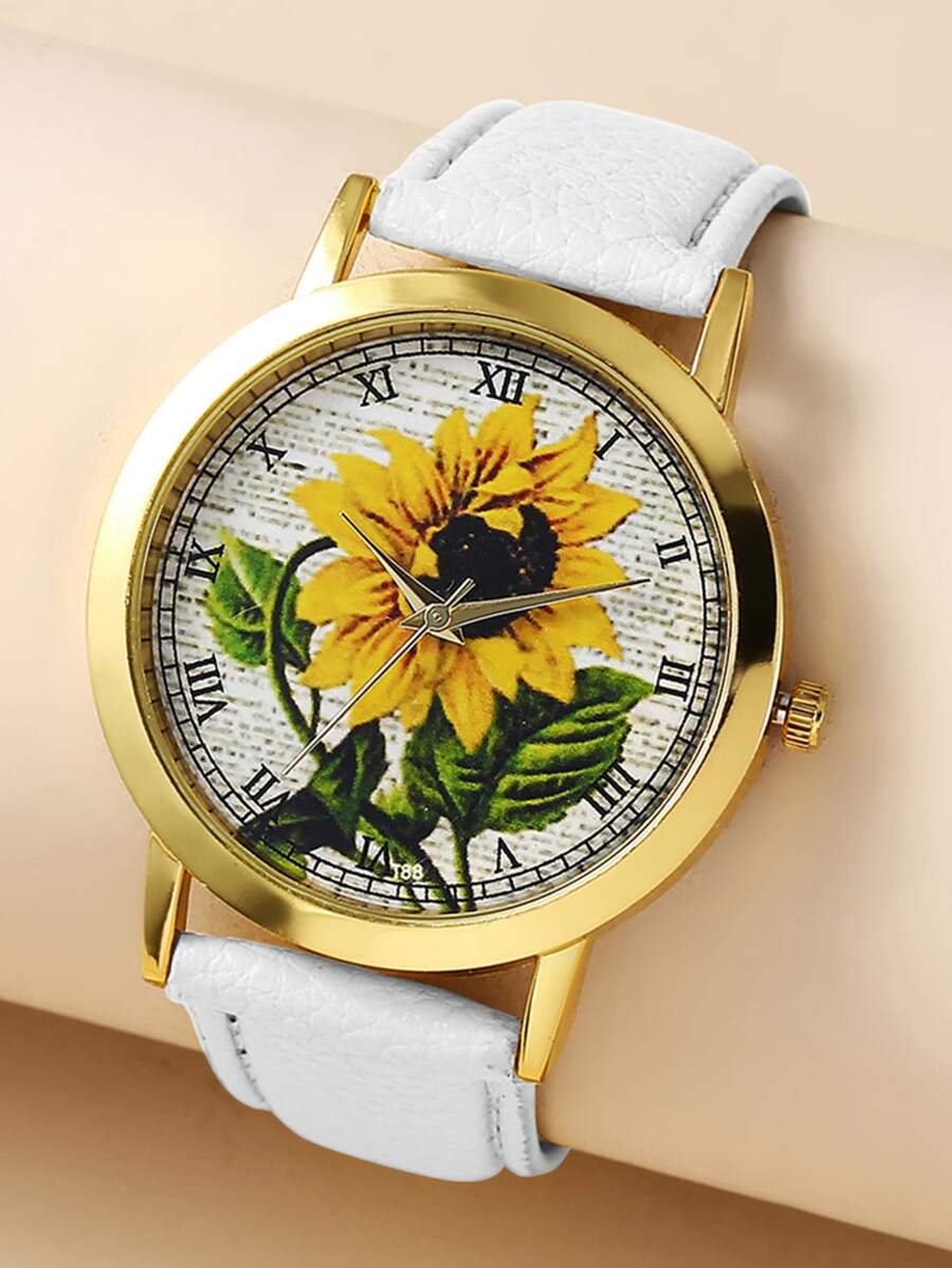 Reloj cuarzo de puntero redondo con girasol esfera - Dorado - Ver 1