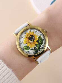 Reloj cuarzo de puntero redondo con girasol esfera - Dorado - Ver 3