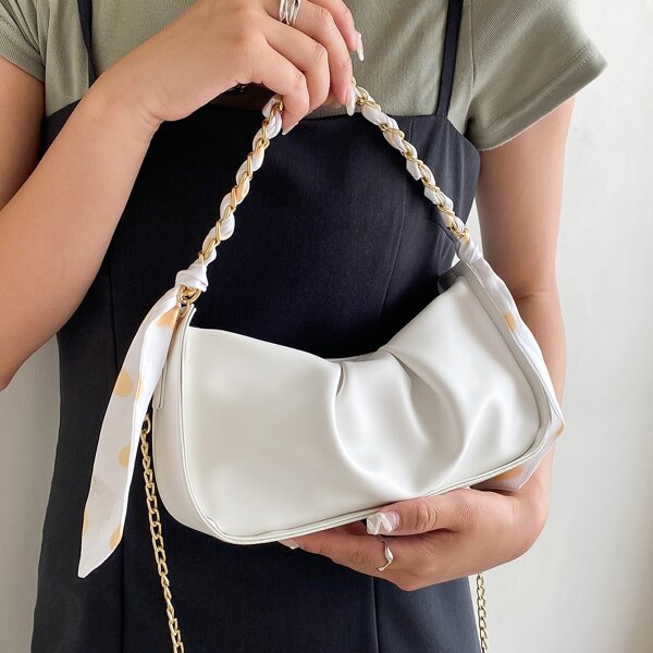 

Scarf Decor Ruched Chain Shoulder Bag, White