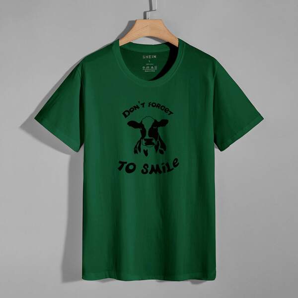 

Men Cow And Slogan Print Short Sleeve Tee, Green