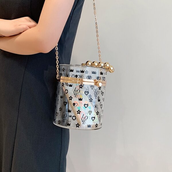 

Cartoon Graphic Chain Satchel Bag, Clear
