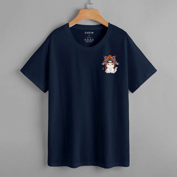 

Cartoon Graphic Round Neck Tee, Navy blue