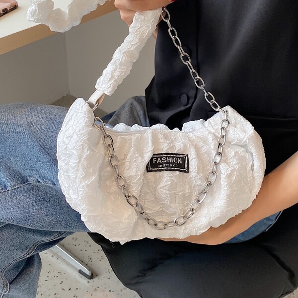 

Letter Patch Chain Ruched Bag, White