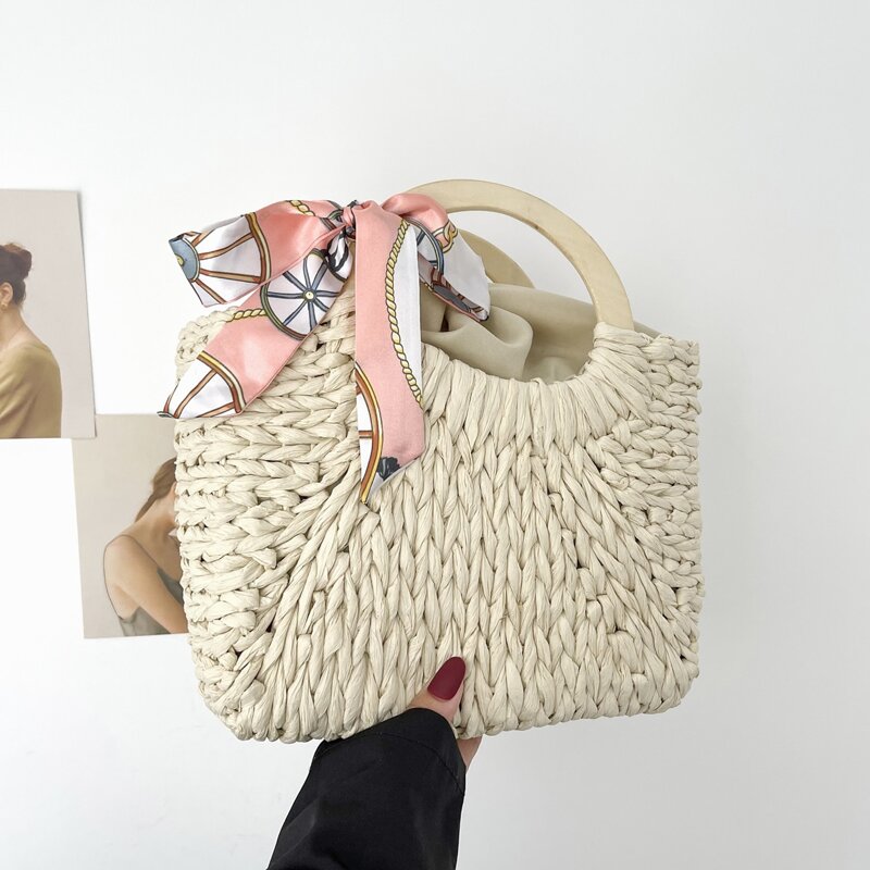 

Twilly Scarf Decor Straw Bag, Beige