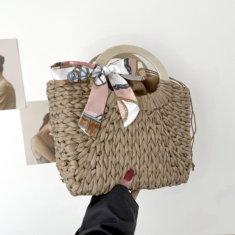 

Scarf Decor Straw Bag, Khaki