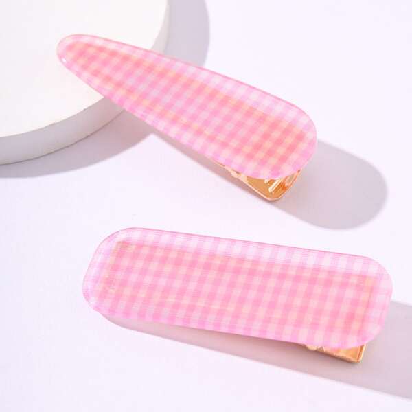 

2pcs Plaid Hair Clip, Pink