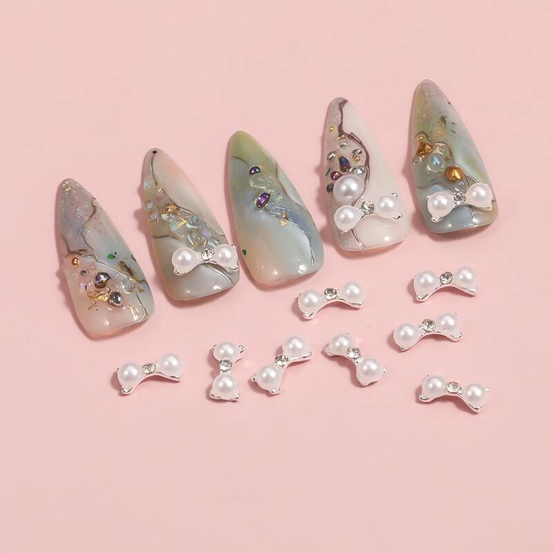 

10pcs Faux Pearl Decor Bowknot Nail Art Decoration, Silver