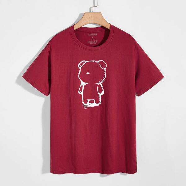 

Men Cartoon Bear Print Short Sleeve Tee, Burgundy