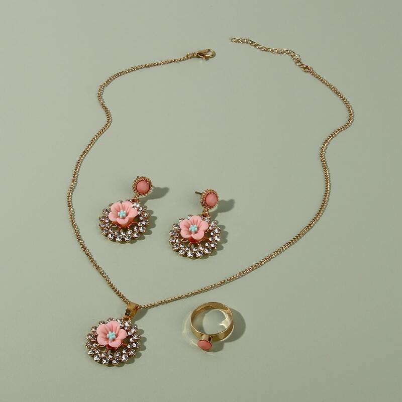 

4pcs Rhinestone Flower Jewelry Set, Pink