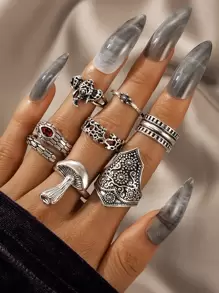 7pcs Textured Metal Ring - Silver - View 1
