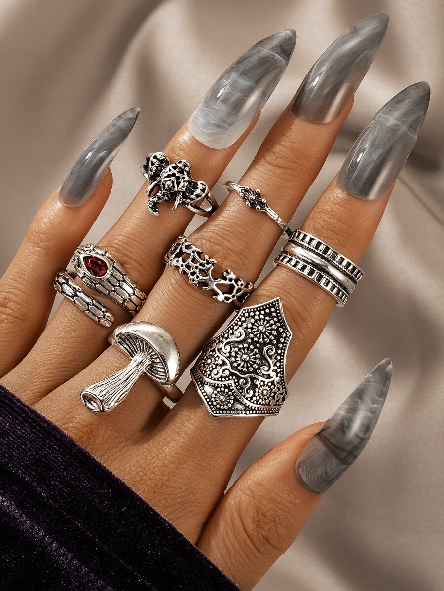 7pcs Textured Metal Ring - Silver - View 1