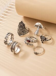 7pcs Textured Metal Ring - Silver - View 2