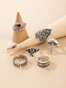 7pcs Textured Metal Ring - Silver - View 3
