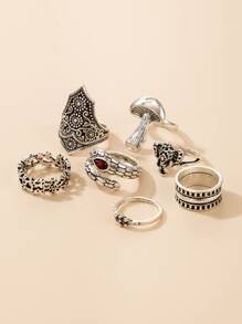 7pcs Textured Metal Ring - Silver - View 4