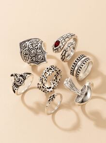 7pcs Textured Metal Ring - Silver - View 6