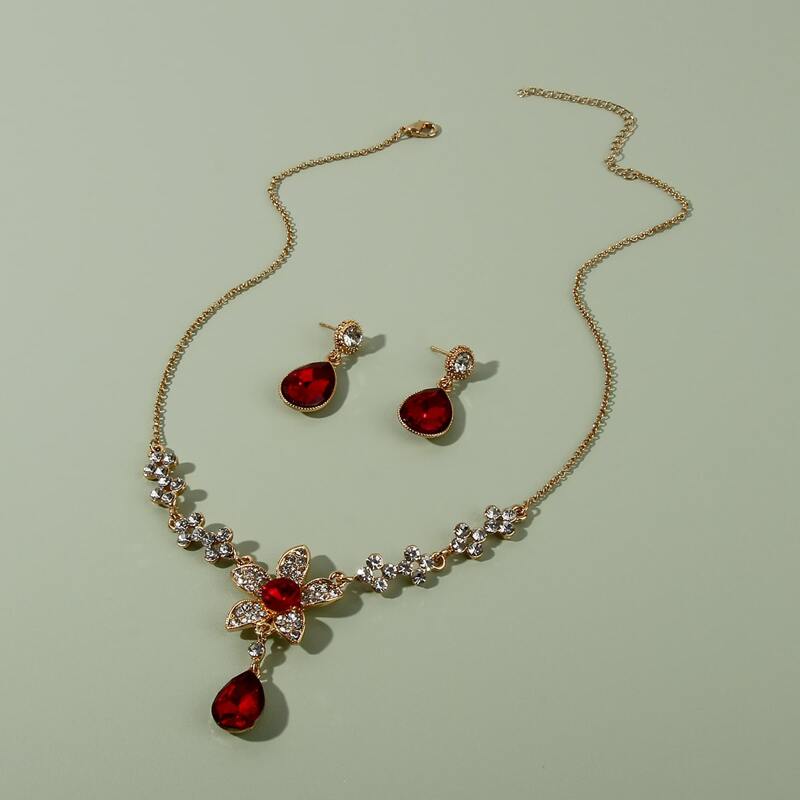 

1pair Rhinestone Drop Earrings & 1pc Flower Necklace, Red