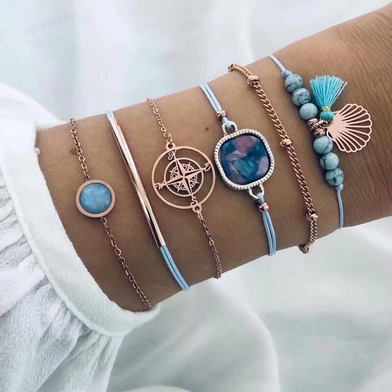 

6pcs Compass & Shell Rope Bracelet, Blue